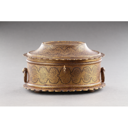 Indian Rajasthan Iron Casket Decorated with Gold Damascene with Foliate and Tendril Designs in the Koftgari Technique of Oval Form